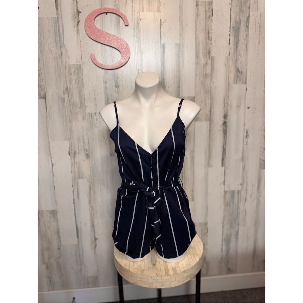 Navy Vertical-Stripe Sleeveless Romper with Self-Tie Belt